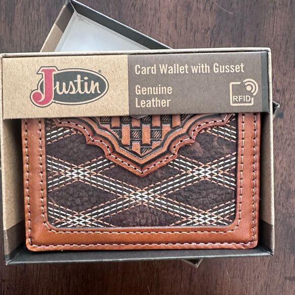 NWT Justin Crisscross Stitch Slim Card brown leather Wallet - Picture 1 of 5